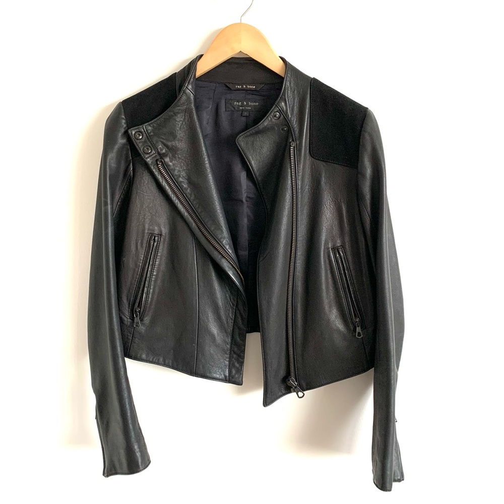 Rag & Bone black leather cropped moto jacket